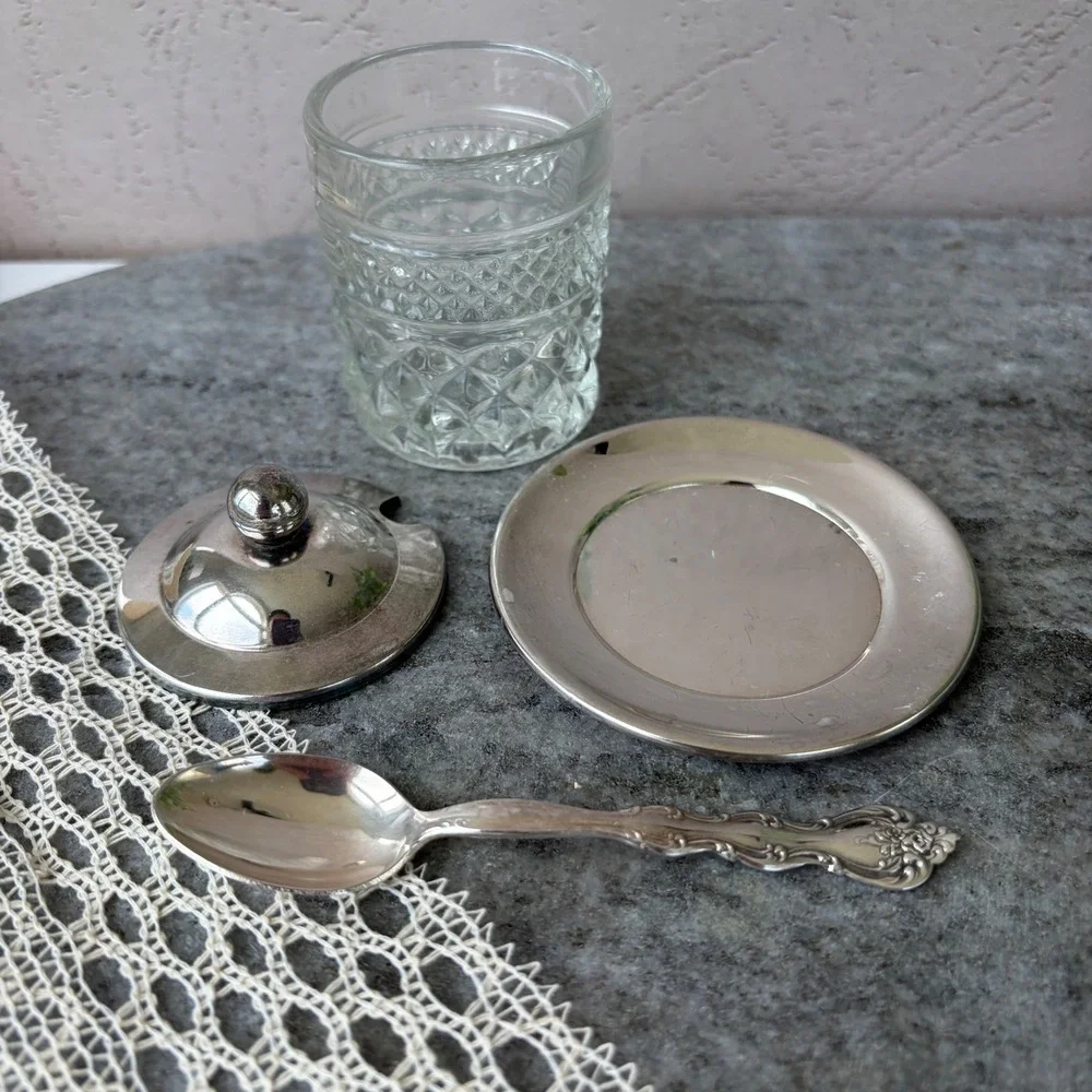 Vintage Diamond Cut Glass Jam Pot Set with Silver Tone Lid Spoon and Plate